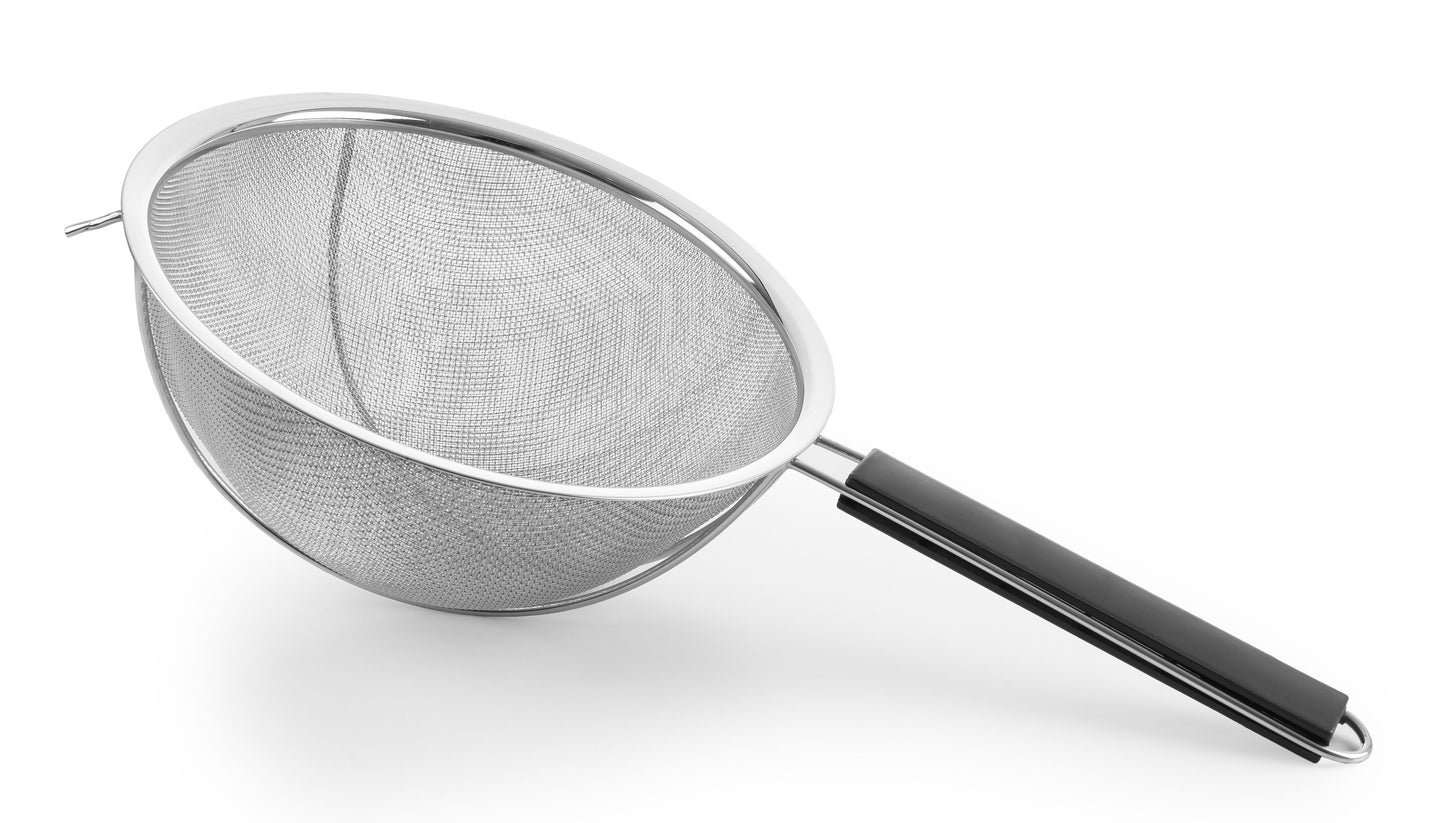 Reinforced mesh strainer stainless steel with black handle