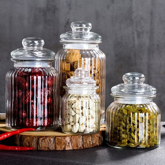Glass jar lined design with lid clear stackable
