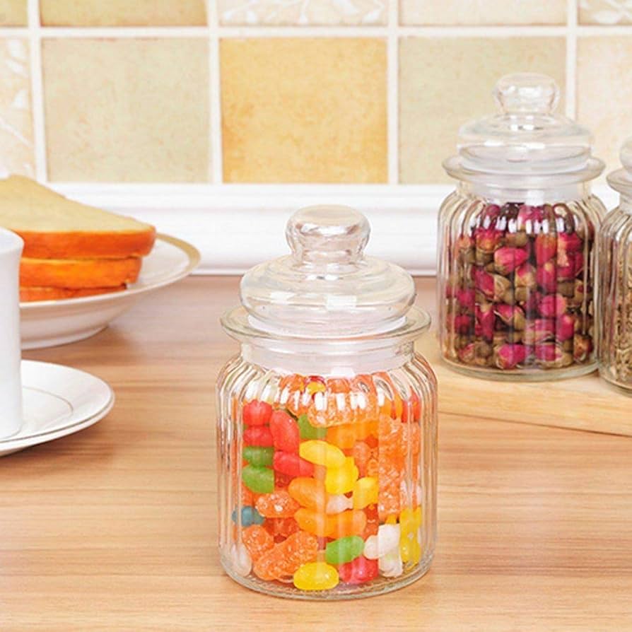 Glass jar lined design with lid clear stackable